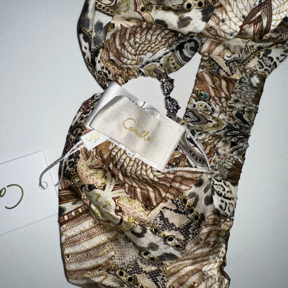 CAMILLA “The Throne Room” brown tan silk animal print boho ring headband